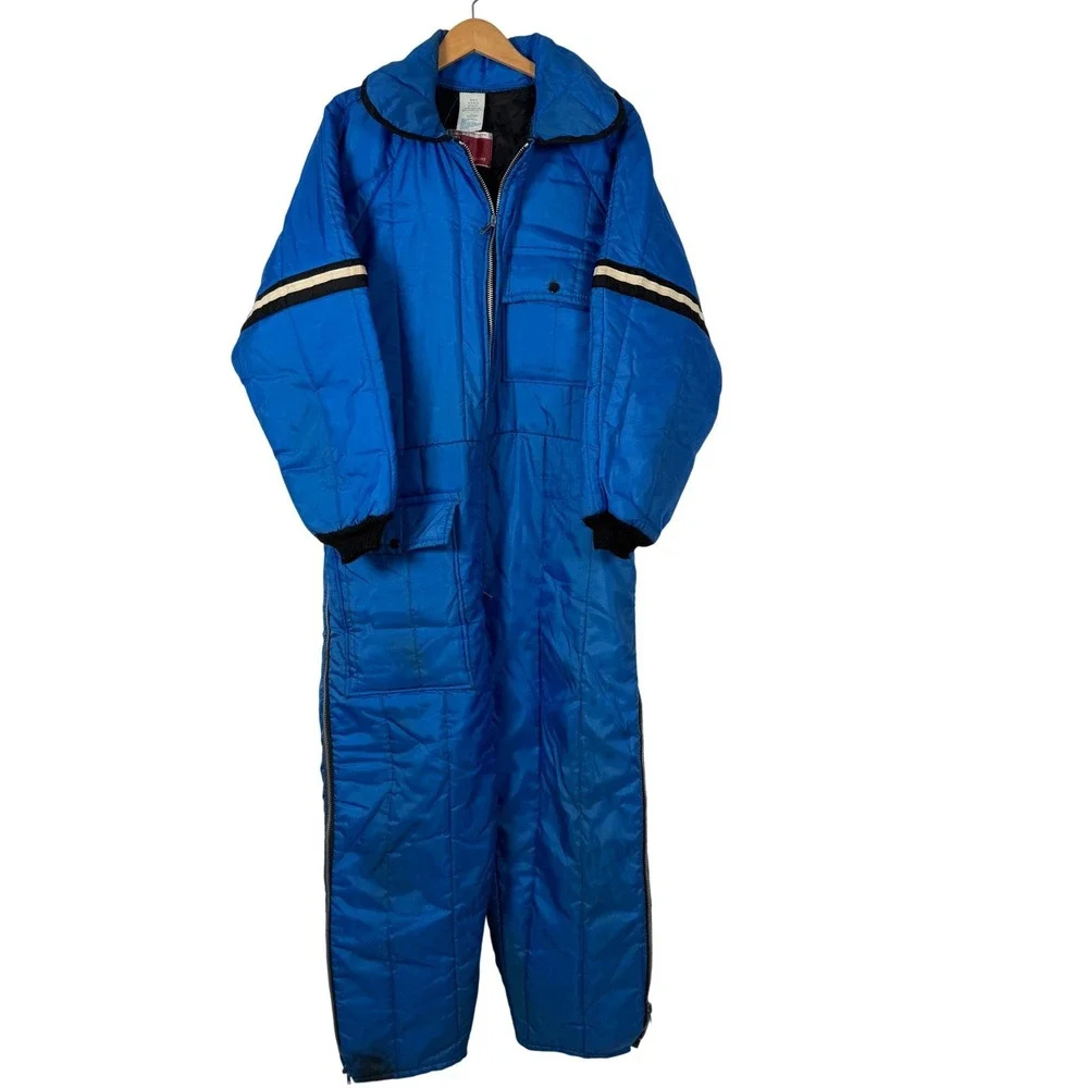 VTG JCPenney Snowmobile Ski Suit Men L Blue Coveralls Hood Belted Retro Gorpcore